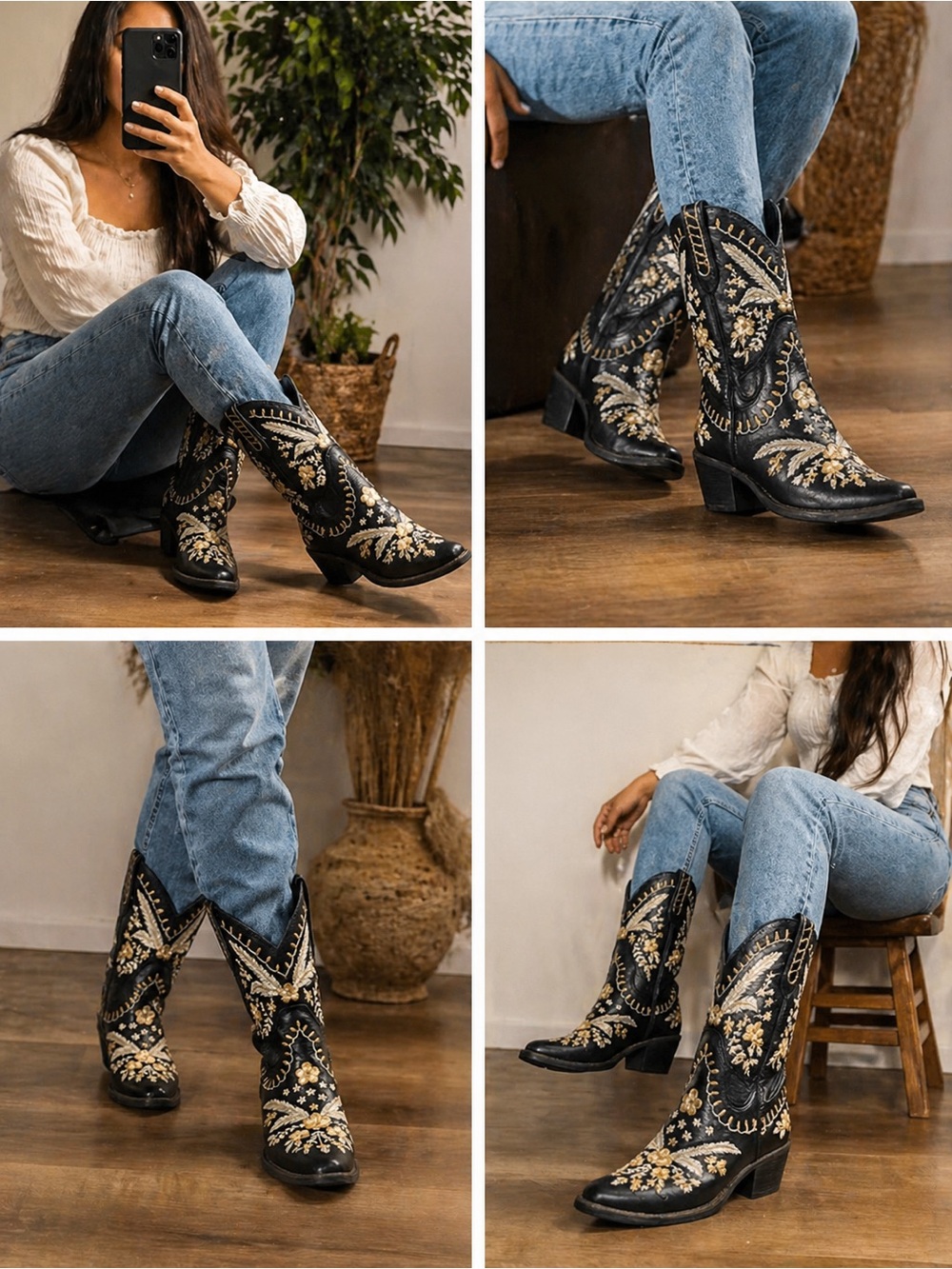 dingo Black Leather Boots with Gold-Tone Lining